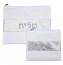 Off-White Faux Leather Tallit and Tefillin Bag  Glittering Silver Embroidery