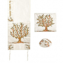 Yair Emanuel Polysilk Tallit Set Embroidered Tree of Life - Brown and Green