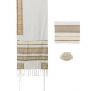 Yair Emanuel Cotton 3-Piece Tallit Set with Applique - Brown Stripes