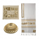 Yair Emanuel Embroidered Silk Cotton Tallit, Squares Design - Gold