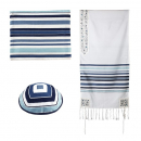 Yair Emanuel Cotton Tallit Set with Applique - Shades of Blue Stripes and  Flowers