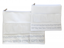 Tallit and Tefillin Bag Faux Leather Silver Embroidered Prayer Words  Off White