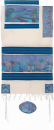 Yair Emanuel Woven Cotton and Silk Tallit Set, Blue - Jerusalem Views