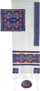 Yair Emanuel Embroidered Silk Cotton Tallit Set, Stars of David - Blue and Red