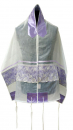 Ronit Gur Tallit Prayer Shawl Set, Organza with Violet Floral Lace Decoration