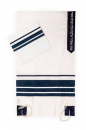 Ronit Gur Off-White Viscose Tallit Set, Dark Blue Stripes - With Kippah and Bag