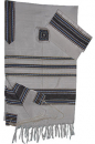 Gabrieli Handwoven White Silk Tallit Set - Blue and Gold Stripes